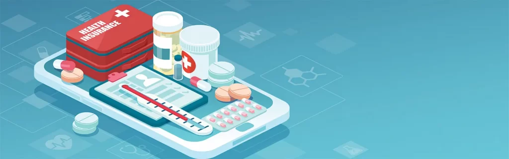 A graphic showing medicines and medical paraphernalia on top of a smartphone