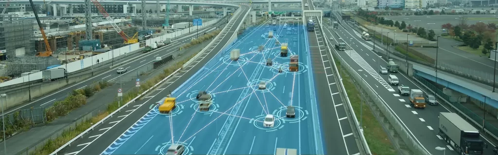 Overhead view of a 6 lane highway with an overlay showing the cars connected in a network