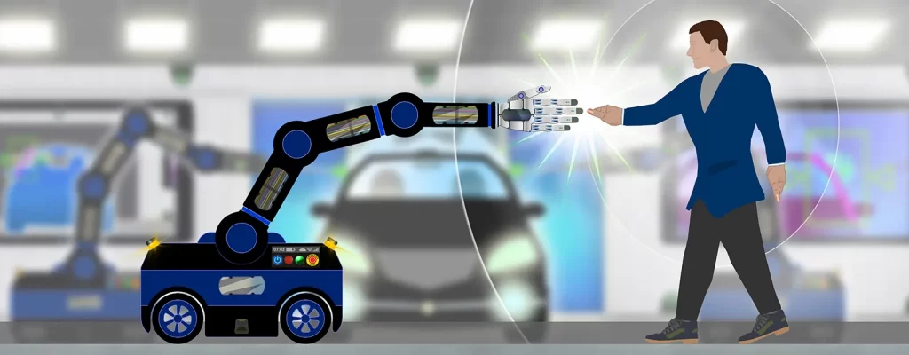 a drawing of a man interacting with an automotive autonomous robot