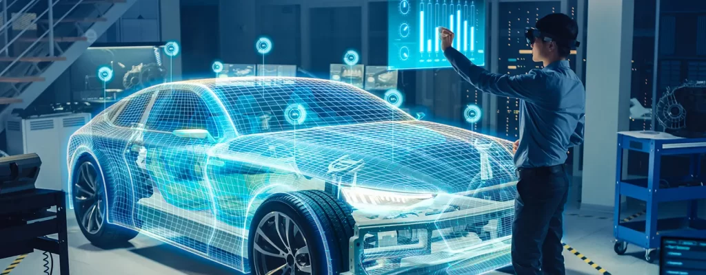 Graphic of a man designing a car in virtual reality