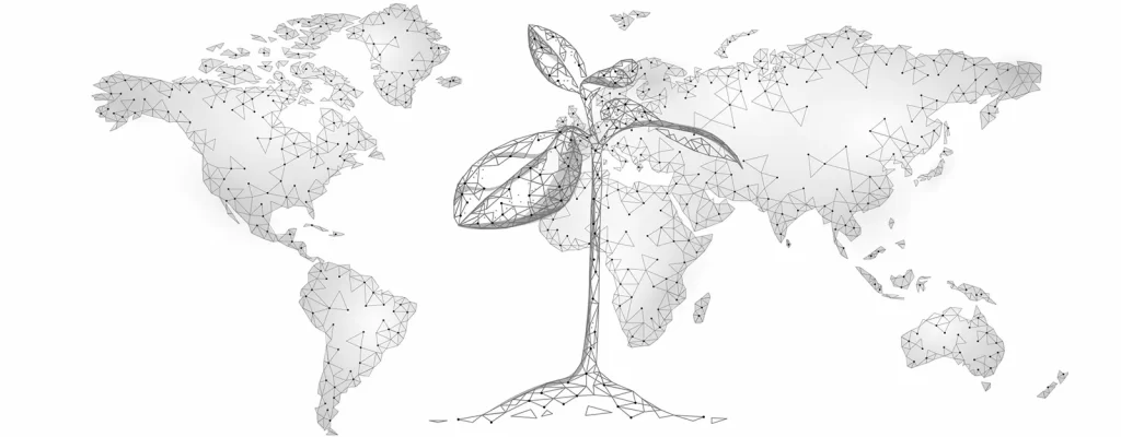A graphic map of the world with an overlay of a plant and connective lines