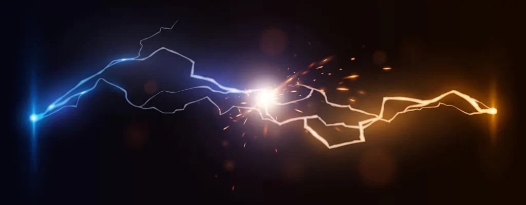 a blue and a yellow bolt of lightning crashing into one another