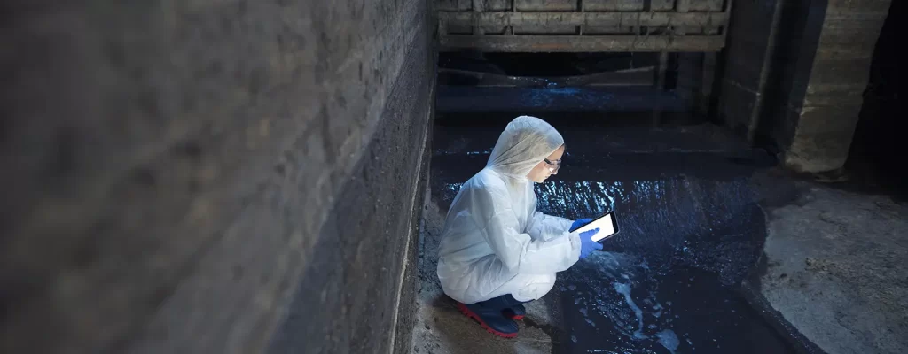An investigator in a hazmat suit using an ipad over a pool of spillwater
