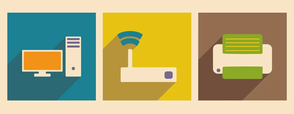 3 stylized panels showing a computer and monitor, a wifi hub, and a printer