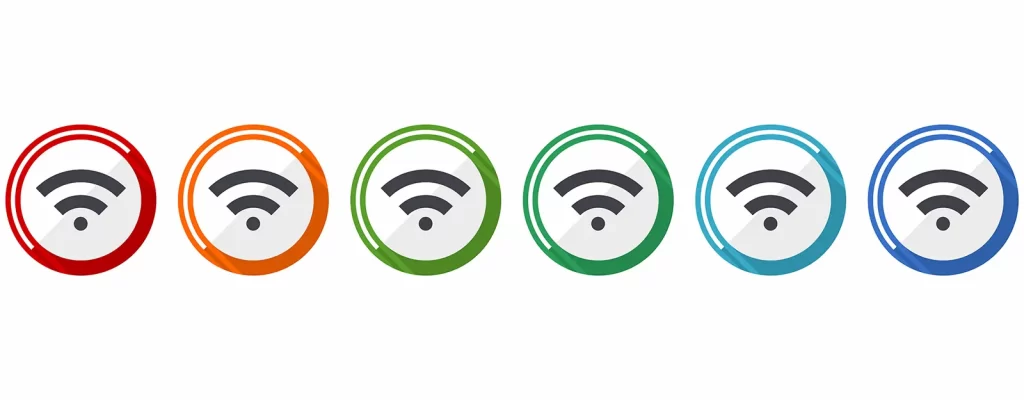 A series of 6 WiFi network symbols in the color of the rainbow